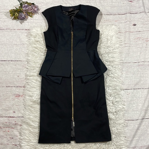 Ted Baker Jamthun Structured Peplum Full Zip Front Pencil Dress Black - Picture 2 of 11